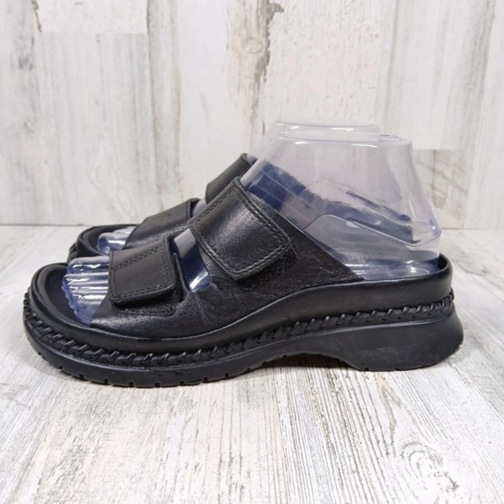 Clarks Black Leather Velcro Platform Slide Sandals